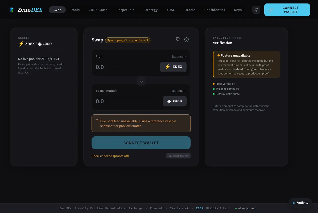 ZenoDEX exchange UI: a swap panel beside an execution-proof verification panel